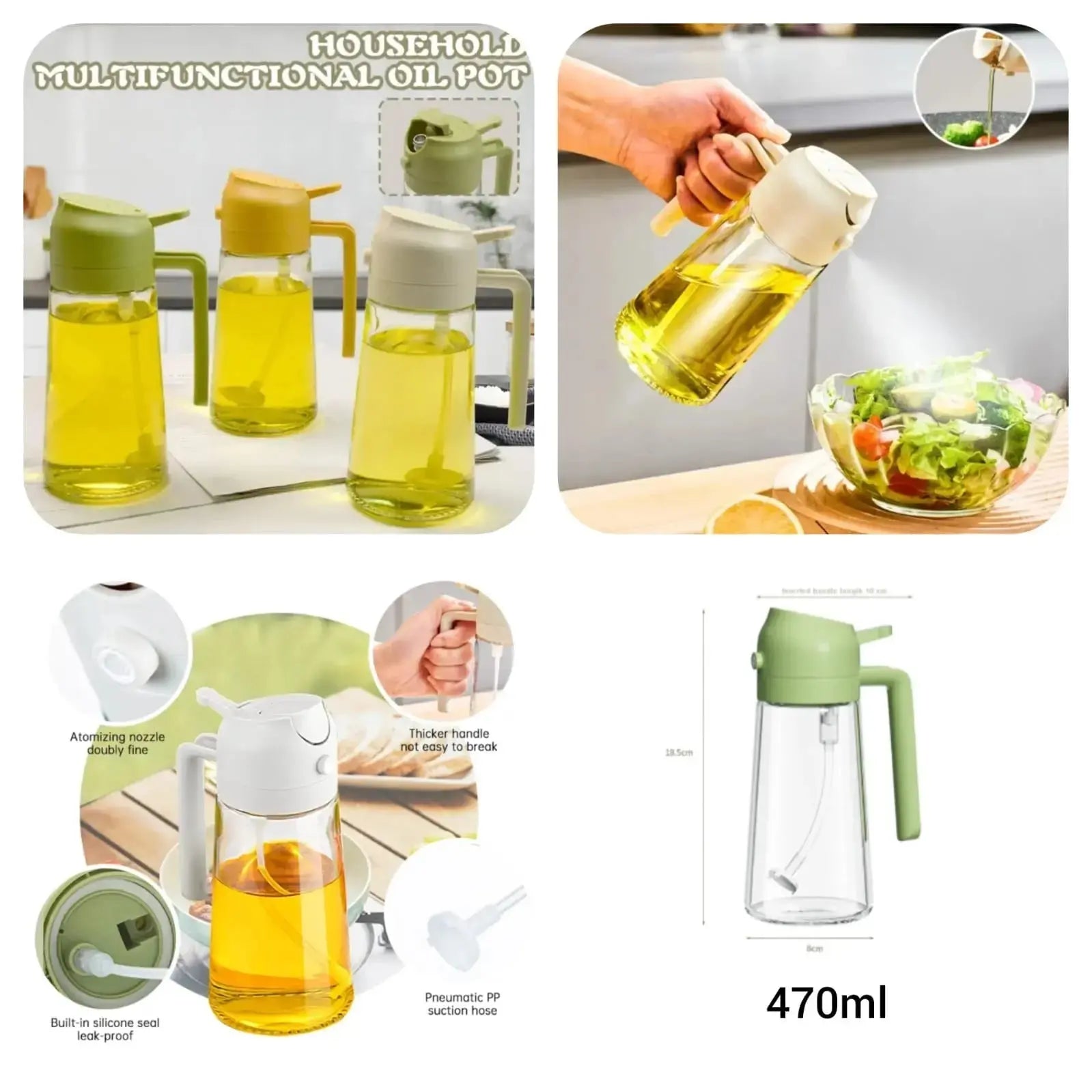 2-in-1 Oil Spray Bottle | Adjustable Mist & Dispenser | 470ml Leak-Proof Glass Container | For Cooking, BBQ, Baking & Air Fryer 470ml (Random Color) BuyMarto